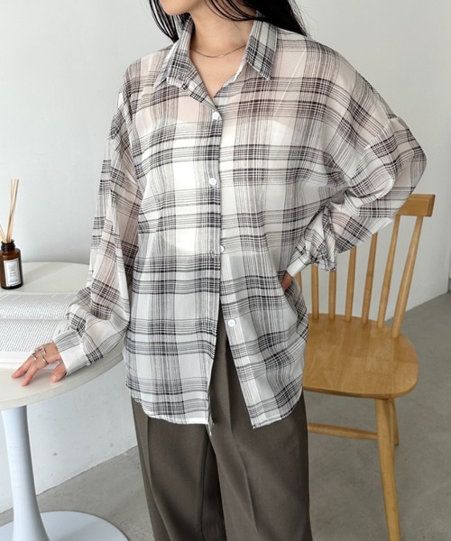CLEA(クレア)の「シアーチェックシャツ(シャツ/ブラウス・レディース・ベージュ/イエロー/ホワイト/レッド/ピンク/ブルー/ブラック/ピンク系その他・FREE)」の10枚目の写真