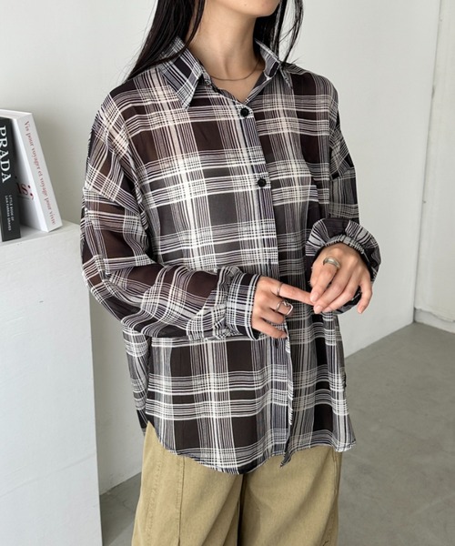 CLEA(クレア)の「シアーチェックシャツ(シャツ/ブラウス・レディース・ベージュ/イエロー/ホワイト/レッド/ピンク/ブルー/ブラック/ピンク系その他・FREE)」の14枚目の写真