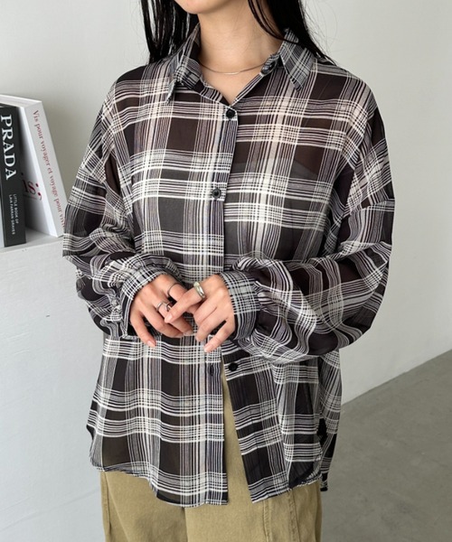 CLEA(クレア)の「シアーチェックシャツ(シャツ/ブラウス・レディース・ベージュ/イエロー/ホワイト/レッド/ピンク/ブルー/ブラック/ピンク系その他・FREE)」の15枚目の写真