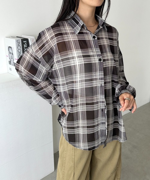 CLEA(クレア)の「シアーチェックシャツ(シャツ/ブラウス・レディース・ベージュ/イエロー/ホワイト/レッド/ピンク/ブルー/ブラック/ピンク系その他・FREE)」の16枚目の写真