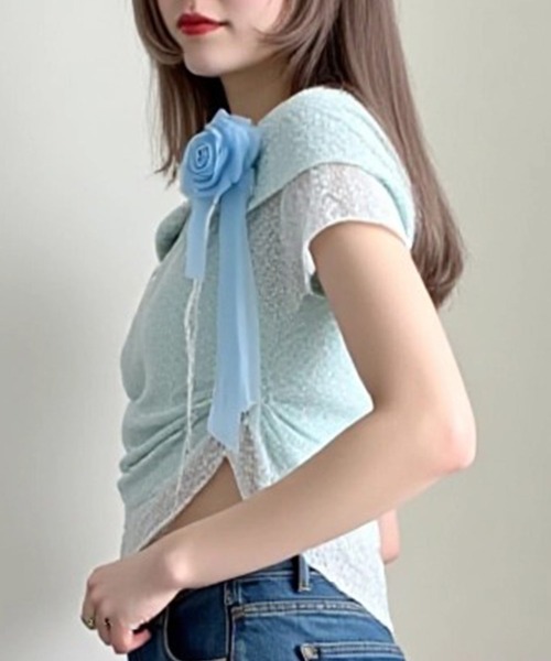 .KOM(ドットコム)の「A'GEM/9 × .kom 『.KOMZ/ドットケーオーエムゼット』 /クラシカルレース×ビッグカラー オフショル風トップス(Tシャツ/カットソー・レディース・ブルー/ピンク/イエロー・FREE)」の9枚目の写真