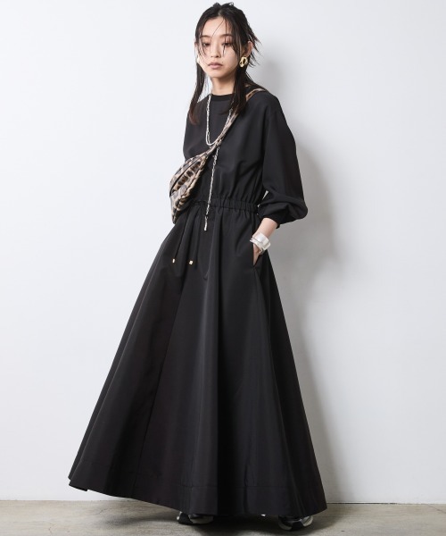 CHIC STYLE(シックスタイル)の「リブ使い異素材ドッキングロングワンピース<大きいサイズ有>シックスタイル(ワンピース・レディース・グレー/ブラック・5L/4L/3L/LL/L/M)」の1枚目の写真