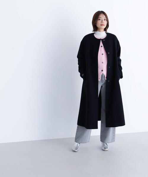 ◇フォルムノーカラーロングコート（ノーカラーコート