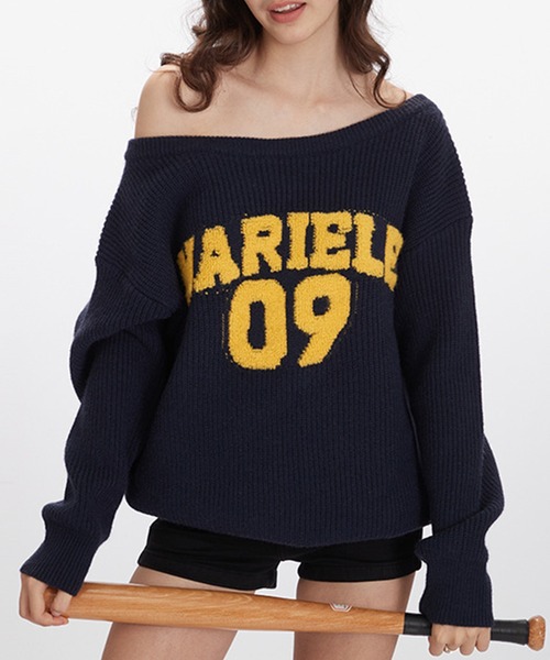 Lace Ladies(レースレディース)の「ロゴ オーバーサイズ 長袖 ニット プルオーバー(ニット/セーター・レディース・ネイビー/グレー・M/XL)」の2枚目の写真