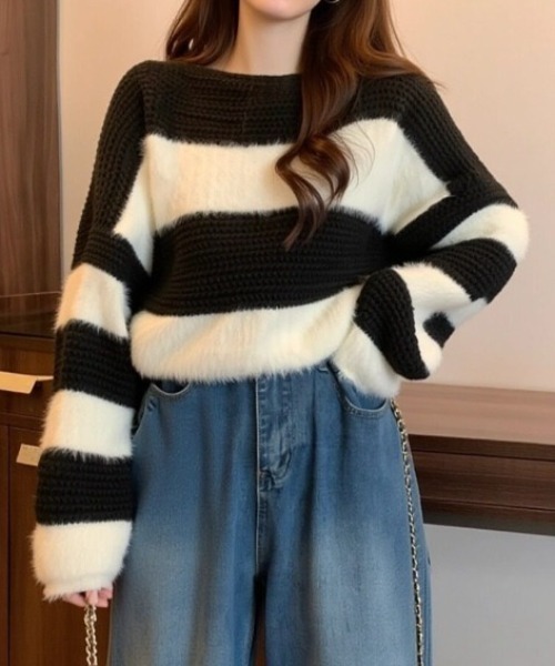 cammie(キャミー)の「ワイドボーダーシャギーニット(ニット/セーター・レディース・ブラウン/ブラック・F)」の1枚目の写真