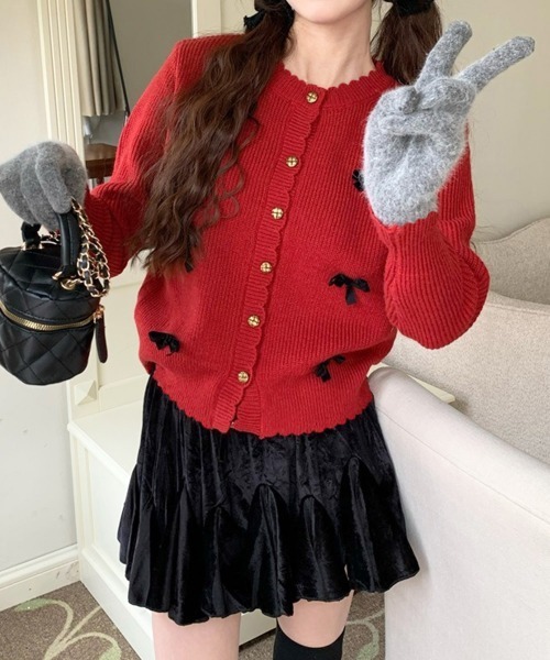 Miniministore（ミニミニストア）の「ニットカーディガンリボン飾り 秋冬ニット（ニット/セーター・レディース・アイボリー/ブラック/レッド/ピンク/ダークグレー・FREE）」の5枚目の写真