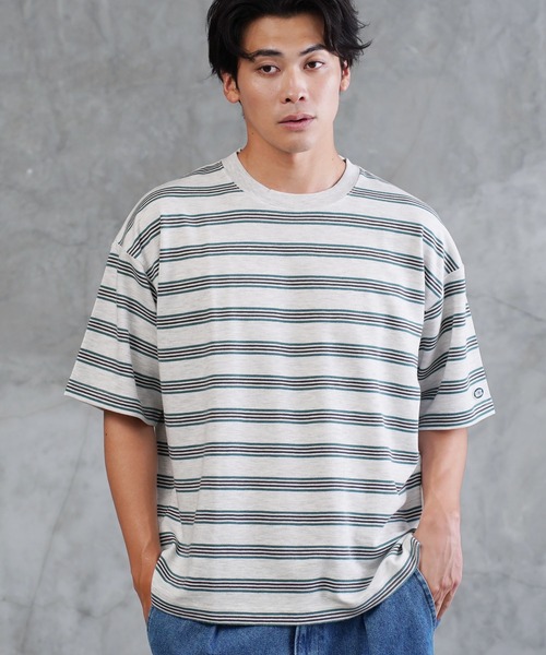 jiggys shop（ジギーズショップ）の「COOLMAX レトロボーダー オーバーサイズTシャツ（Tシャツ/カットソー・メンズ・ホワイト/オートミール/ブルーグリーン/スミクロ・MEDIUM/LARGE/X-LARGE）」の3枚目の写真