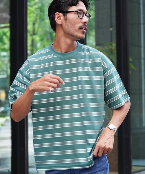 jiggys shop（ジギーズショップ）の「COOLMAX レトロボーダー オーバーサイズTシャツ（Tシャツ/カットソー・メンズ・ホワイト/オートミール/ブルーグリーン/スミクロ・MEDIUM/LARGE/X-LARGE）」の4枚目の写真