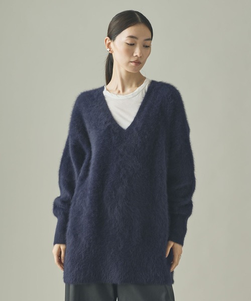 【極美品】Curensology カレンソロジー　ストレッチプルオーバー 紺 Curensology(カレンソロジー)/FOXカシミヤVネックニットプルオーバー