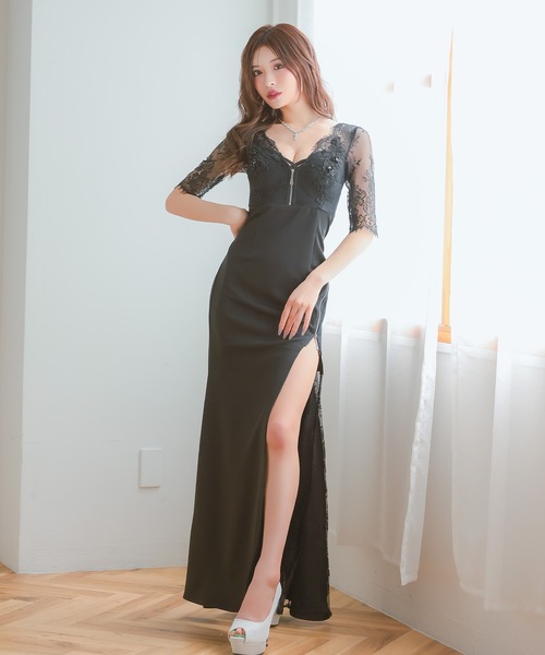 Tika（ティカ）の「キャバドレス ロング タイト 谷間 大きいサイズ シンプル レース 大人 スリット ストレッチ 袖あり 五分袖 ジップドレス（ドレス・レディース・ブラック/ホワイト・S/XXXL/M/XXL/L/XL）」の4枚目の写真