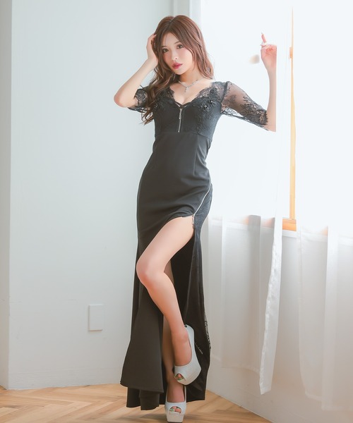 Tika（ティカ）の「キャバドレス ロング タイト 谷間 大きいサイズ シンプル レース 大人 スリット ストレッチ 袖あり 五分袖 ジップドレス（ドレス・レディース・ブラック/ホワイト・S/XXXL/M/XXL/L/XL）」の7枚目の写真