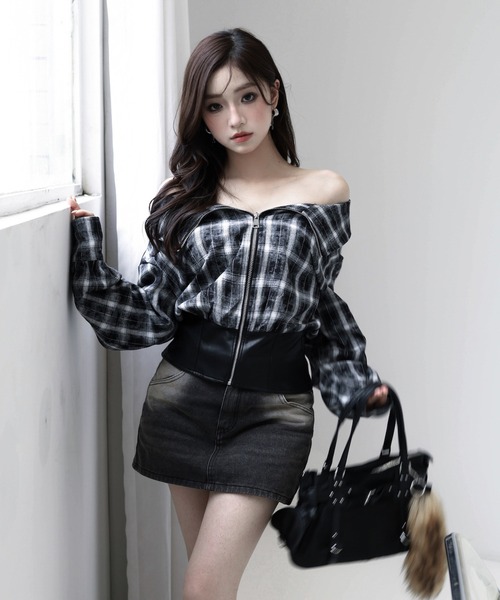 セール】レザーミックスチェックオフショルダートップス（Tシャツ