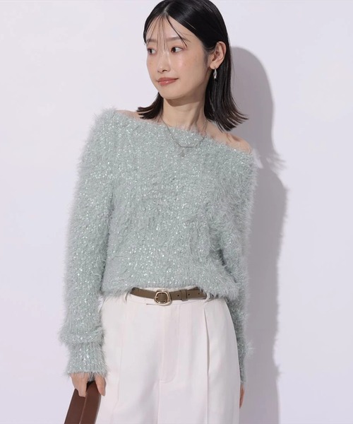 Mystrada（マイストラーダ）の「キラふわオフショルニット（ニット/セーター・レディース・ミント/チャコールグレー/ホワイト/ピンク・38）」の3枚目の写真