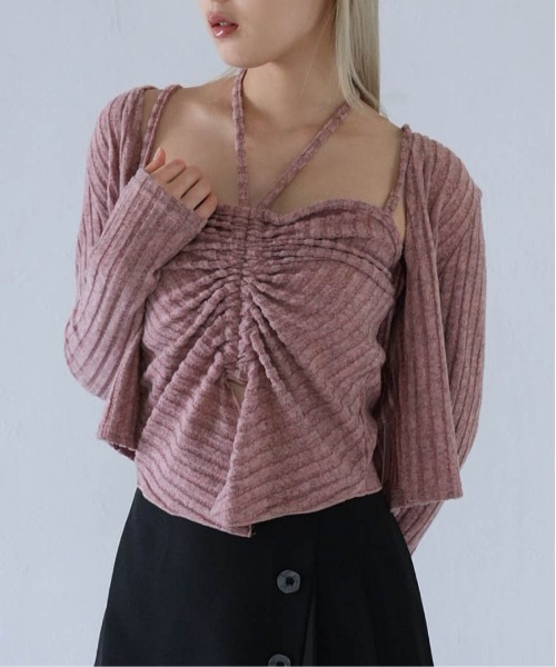 Uenui（ウニュイ）の「ribbed ruched cami & cardigan set（カーディガン/ボレロ・レディース・グレー/ネイビー/ピンク・FREE）」の2枚目の写真
