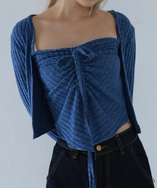 Uenui（ウニュイ）の「ribbed ruched cami & cardigan set（カーディガン/ボレロ・レディース・グレー/ネイビー/ピンク・FREE）」の4枚目の写真