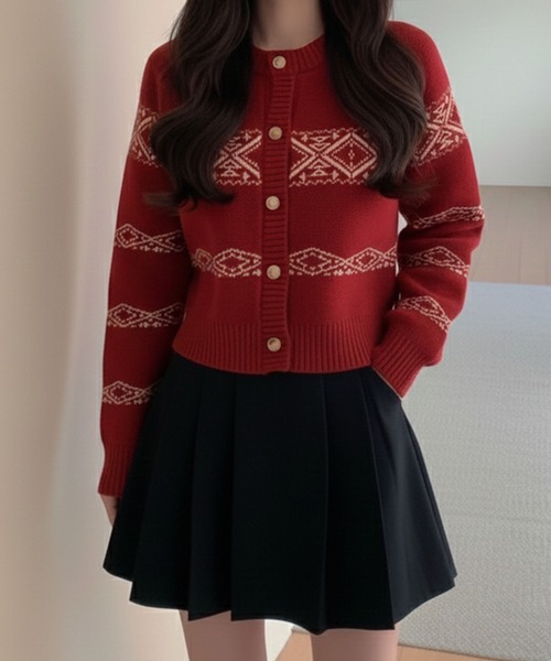 lulufa(ルルファ)の「ジャガード ボーダーニットクルー カーディガン / 韓国ガーリー(カーディガン/ボレロ・レディース・レッド/ブラック/アイボリー・FREE)」の11枚目の写真