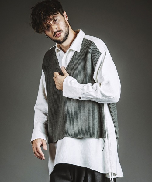 NO ID.（ノーアイディ）の「【NO ID.】Docking Knit Big Shirt / ドッキング ニット ビッグ シャツ（シャツ/ブラウス・メンズ・ブラック/ホワイト・ONE SIZE）」の14枚目の写真
