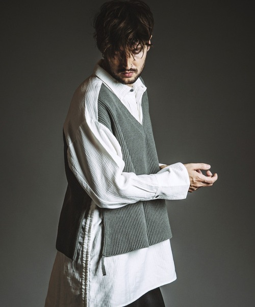 NO ID.（ノーアイディ）の「【NO ID.】Docking Knit Big Shirt / ドッキング ニット ビッグ シャツ（シャツ/ブラウス・メンズ・ブラック/ホワイト・ONE SIZE）」の15枚目の写真