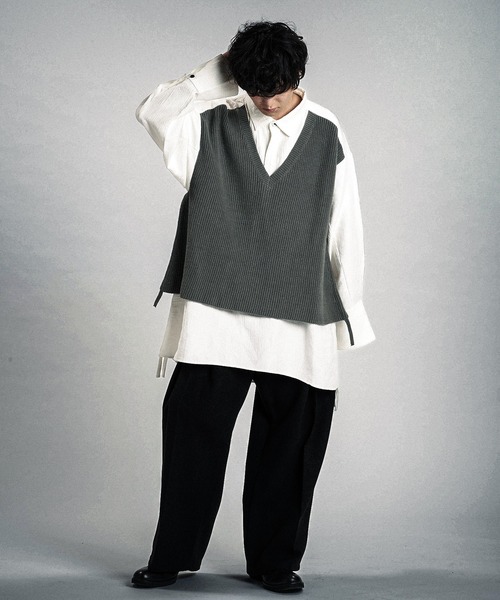 NO ID.（ノーアイディ）の「【NO ID.】Docking Knit Big Shirt / ドッキング ニット ビッグ シャツ（シャツ/ブラウス・メンズ・ブラック/ホワイト・ONE SIZE）」の3枚目の写真