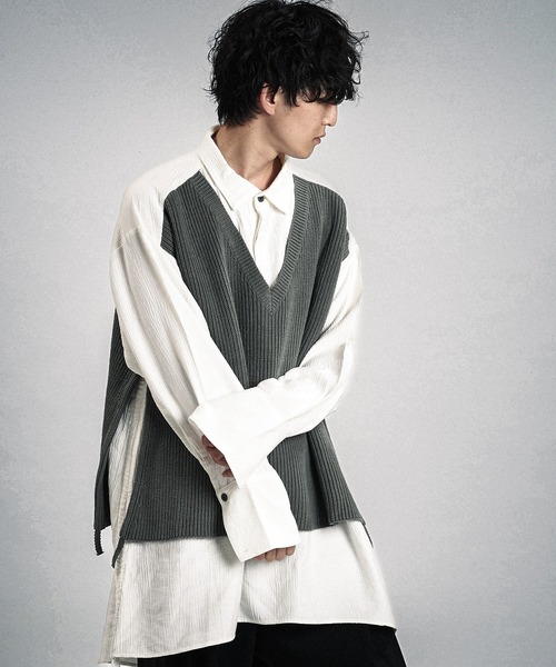 NO ID.（ノーアイディ）の「【NO ID.】Docking Knit Big Shirt / ドッキング ニット ビッグ シャツ（シャツ/ブラウス・メンズ・ブラック/ホワイト・ONE SIZE）」の4枚目の写真