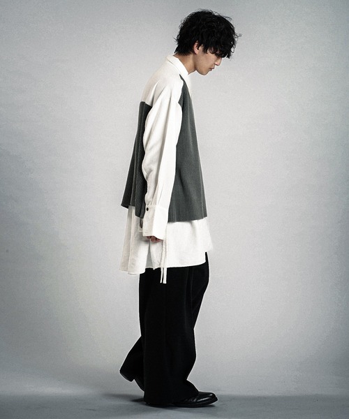 NO ID.（ノーアイディ）の「【NO ID.】Docking Knit Big Shirt / ドッキング ニット ビッグ シャツ（シャツ/ブラウス・メンズ・ブラック/ホワイト・ONE SIZE）」の6枚目の写真