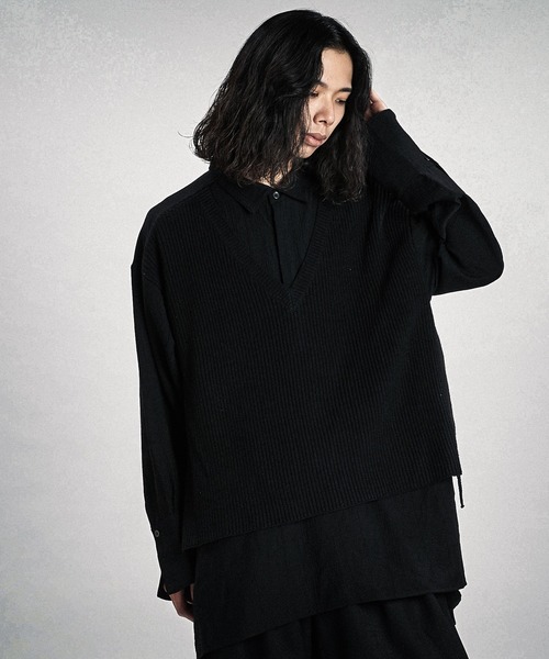 NO ID.（ノーアイディ）の「【NO ID.】Docking Knit Big Shirt / ドッキング ニット ビッグ シャツ（シャツ/ブラウス・メンズ・ブラック/ホワイト・ONE SIZE）」の9枚目の写真