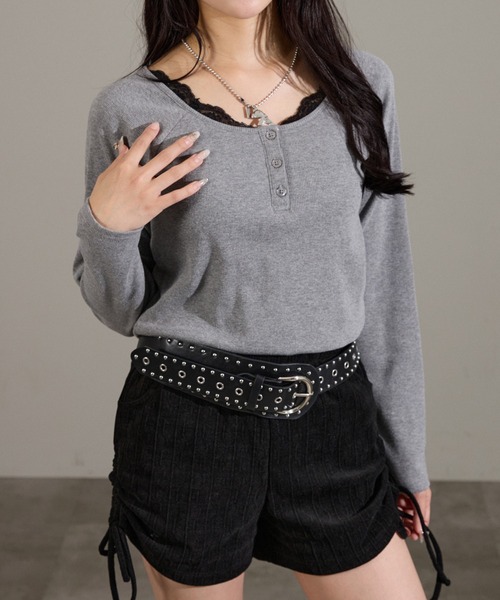 apres jour mignon(アプレジュールミニョン)の「カップ付きレースヘンリーネックトップス(Tシャツ/カットソー・レディース・オフホワイト/杢グレー/ブラック/ボルドー・LARGE/フリー)」の21枚目の写真