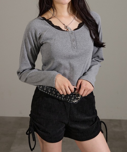 apres jour mignon(アプレジュールミニョン)の「カップ付きレースヘンリーネックトップス(Tシャツ/カットソー・レディース・オフホワイト/杢グレー/ブラック/ボルドー・LARGE/フリー)」の22枚目の写真