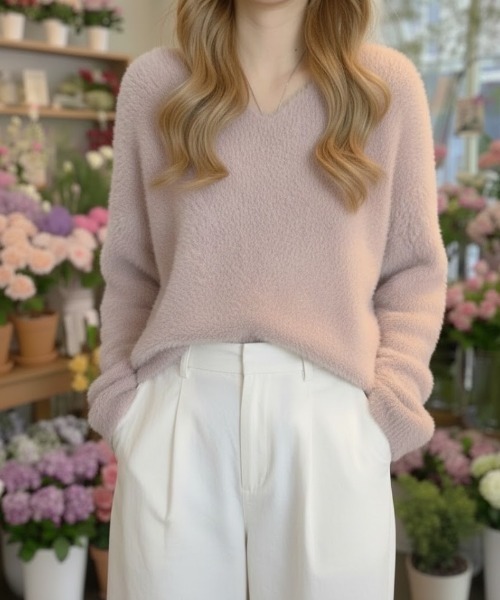 cammie（キャミー）の「Ｖネックシャギーニット（ニット/セーター・レディース・ピンク/ベージュ/ホワイト・F）」の3枚目の写真