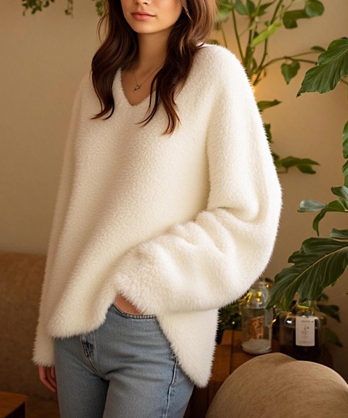 cammie（キャミー）の「Ｖネックシャギーニット（ニット/セーター・レディース・ピンク/ベージュ/ホワイト・F）」の6枚目の写真