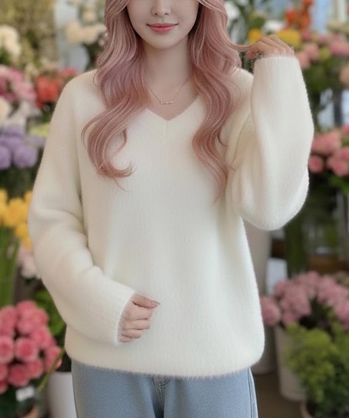 cammie（キャミー）の「Ｖネックシャギーニット（ニット/セーター・レディース・ピンク/ベージュ/ホワイト・F）」の5枚目の写真