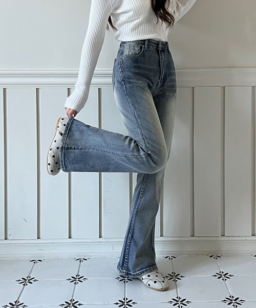 by muni:r(バイ ムニール)の「【着用動画あり・3色展開・身長別】ウォッシングブーツカットデニムパンツ(デニムパンツ・レディース・ブルー系その他/ブラウン/ブルー・S-Short/S-Regular/M-Short/M-Regular)」の12枚目の写真