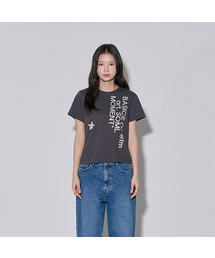 スターレオパードレタリング半袖Tシャツチャコール