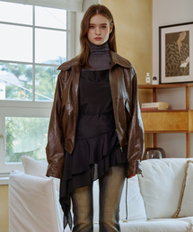 PAMELA LEATHER BOMBER JACKET / BROWN