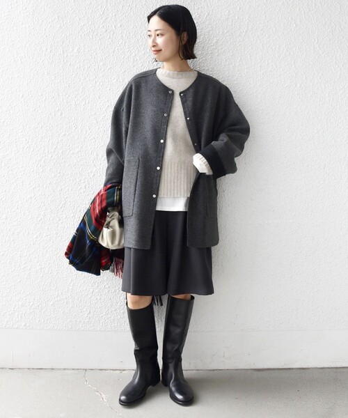 セール】セミ 梳毛 配色 リバー ノーカラー コート（ノーカラーコート