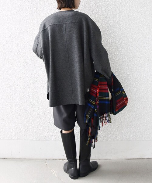 セール】セミ 梳毛 配色 リバー ノーカラー コート（ノーカラーコート