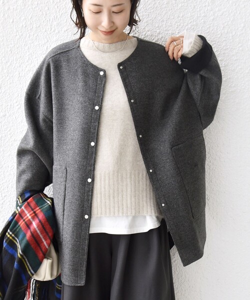 セール】セミ 梳毛 配色 リバー ノーカラー コート（ノーカラーコート