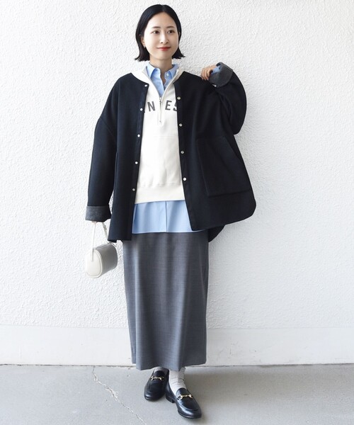 セール】セミ 梳毛 配色 リバー ノーカラー コート（ノーカラーコート