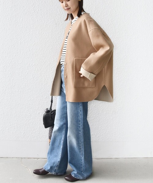 セール】セミ 梳毛 配色 リバー ノーカラー コート（ノーカラーコート