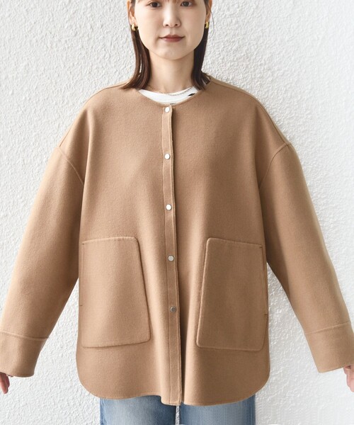 SHIPS（シップス）の「セミ 梳毛 配色 リバー ノーカラー コート（ノーカラーコート・レディース・キャメル/グレー・36/38）」の6枚目の写真