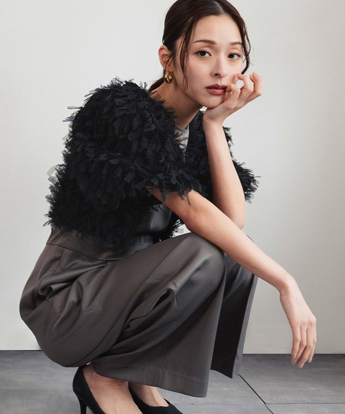 girl（ガール）の「シャギー ボリュームスリーブ ショート丈ボレロ 結婚式 ワンピース パーティードレス オケージョンドレス お呼ばれ 二次会 成人式 同窓会《着用動画あり》（カーディガン/ボレロ・レディース・ブラック/ベージュ・FREE）」の2枚目の写真