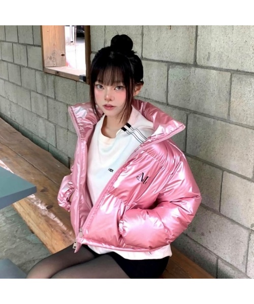 flakeで購入　淡いピンク ジップアップジャケット フェイブハイネックグロシークロップパディング (3カラー)（ダウン