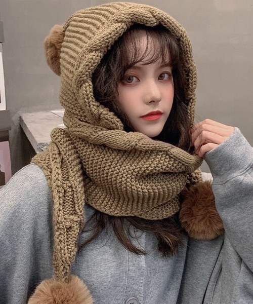 セール】12E1-NK ニットフードスヌード ポンポン付 ボリュームマフラー