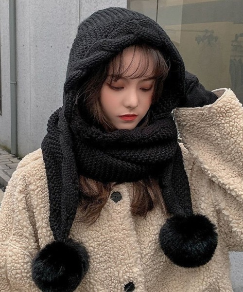セール】12E1-NK ニットフードスヌード ポンポン付 ボリュームマフラー