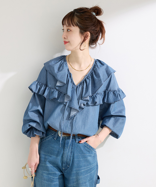 B.C STOCK(ベーセーストック)の「ウォッシャブル / 3.8OZデニムフリルブラウス(シャツ/ブラウス・レディース・ブルー/ホワイト/ブラック・FREE)」の6枚目の写真