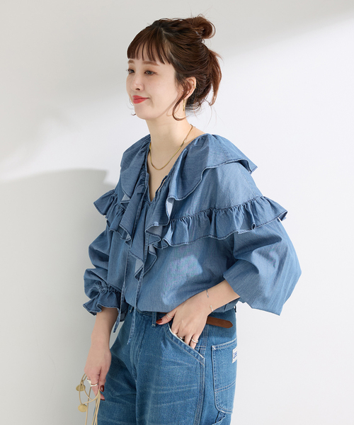 B.C STOCK(ベーセーストック)の「ウォッシャブル / 3.8OZデニムフリルブラウス(シャツ/ブラウス・レディース・ブルー/ホワイト/ブラック・FREE)」の7枚目の写真
