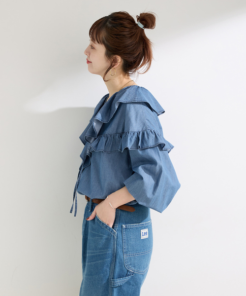B.C STOCK(ベーセーストック)の「ウォッシャブル / 3.8OZデニムフリルブラウス(シャツ/ブラウス・レディース・ブルー/ホワイト/ブラック・FREE)」の8枚目の写真