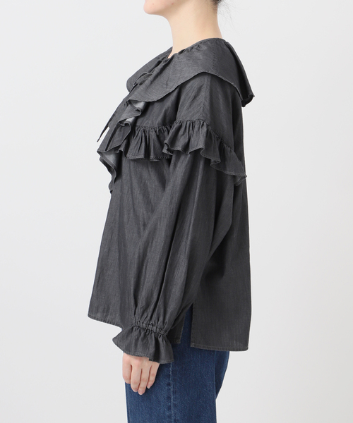 B.C STOCK(ベーセーストック)の「ウォッシャブル / 3.8OZデニムフリルブラウス(シャツ/ブラウス・レディース・ブルー/ホワイト/ブラック・FREE)」の13枚目の写真