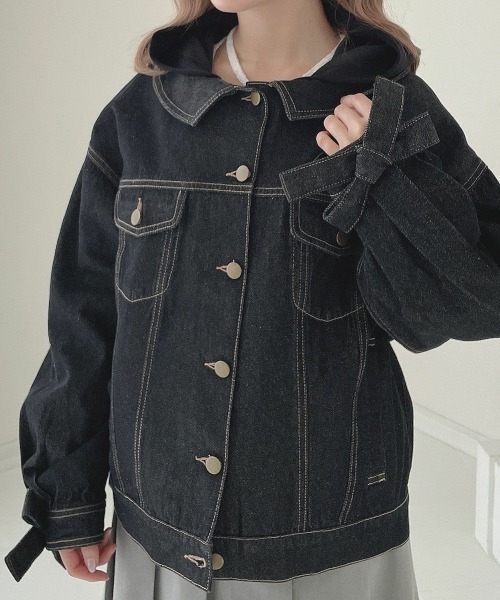 F i.n.t（フィント）の「袖口リボンデニムジャケット/fint フィント（デニムジャケット・レディース・ブラック/インディゴブルー・FREE）」の9枚目の写真