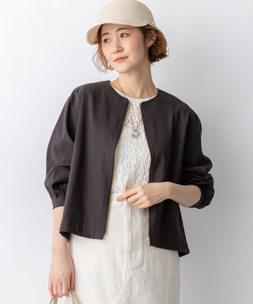 リネンレーヨンストレッチ ノーカラー ブルゾン（その他アウター）｜23